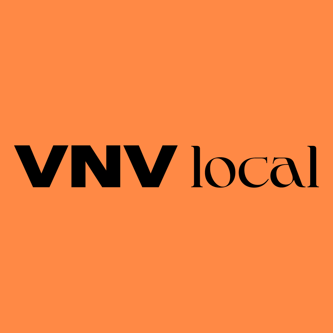 VNV Local logo — black wordmark on a warm orange background.